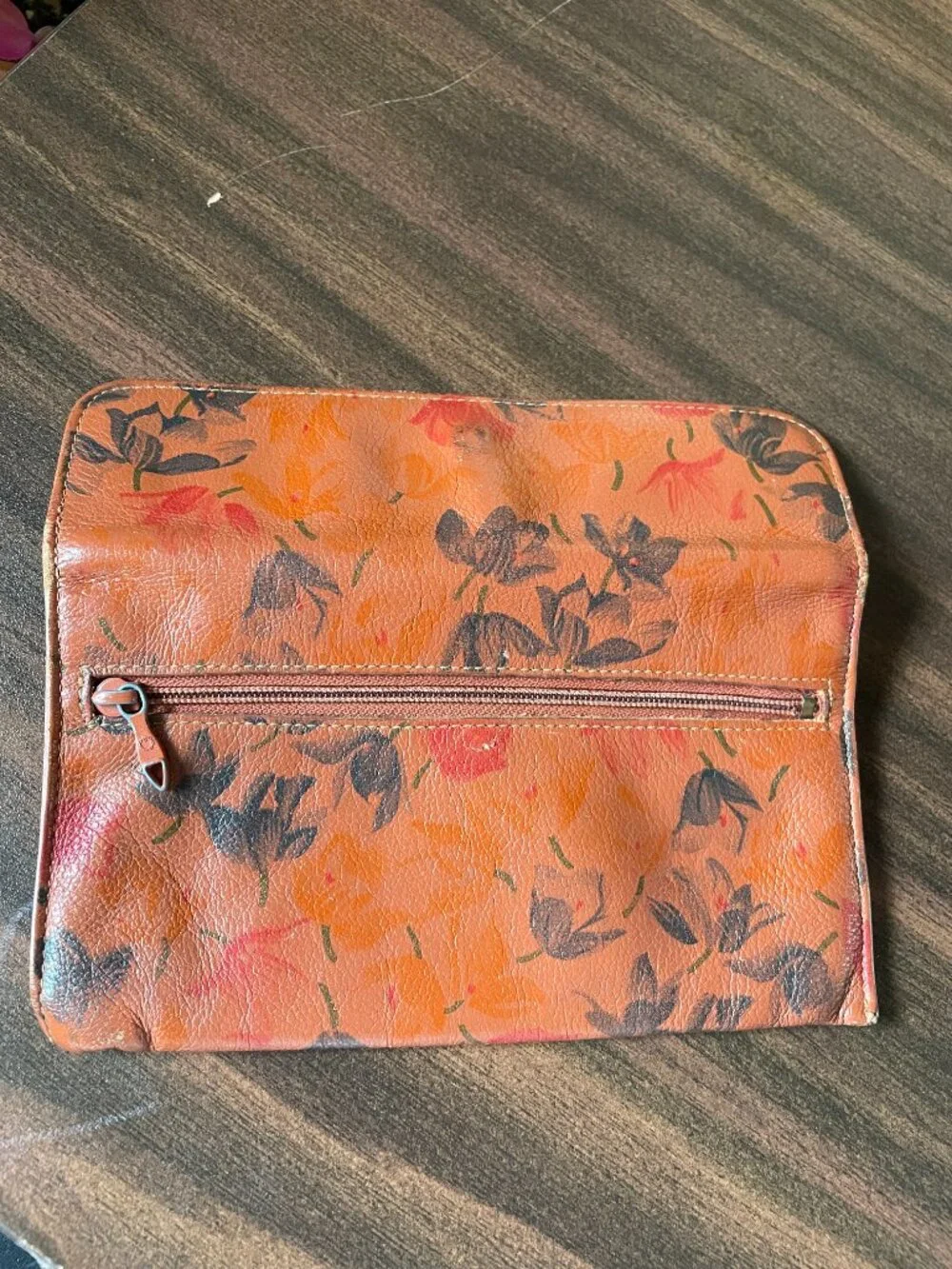 MUNDI Genuine Leather Orange Floral Wallet — Brazil Vintage Boho Checkbook Clutc